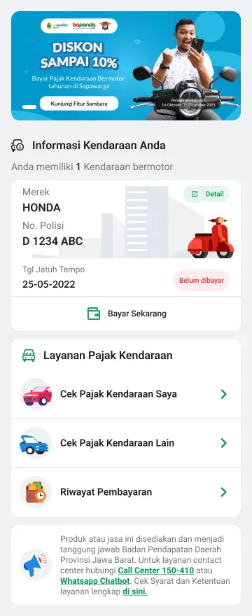 Tangkapan layar simulasi pajak kendaraan aplikasi New Sambara